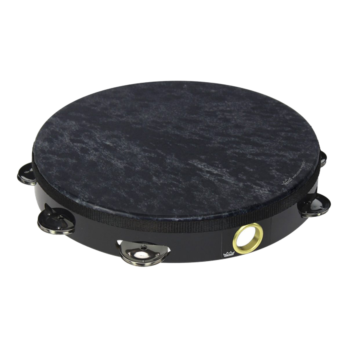Remo 10-inch tambourine with a black frame, metal jingles, a thumb hole lined with a brass ring, and a dark marbled Skyndeep graphic drumhead.