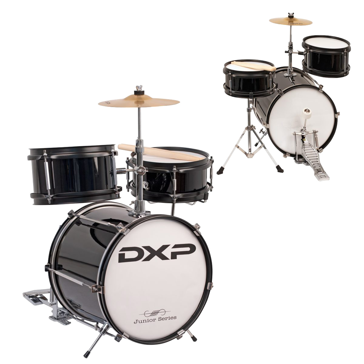 Black DXP TXJ3BK Junior Series Drum Kit featuring a bass drum with pedal, snare drum, mounted tom, and a cymbal on a stand, with a pair of drumsticks resting on the snare, alongside a secondary inset image showing the kit from a slightly different angle.