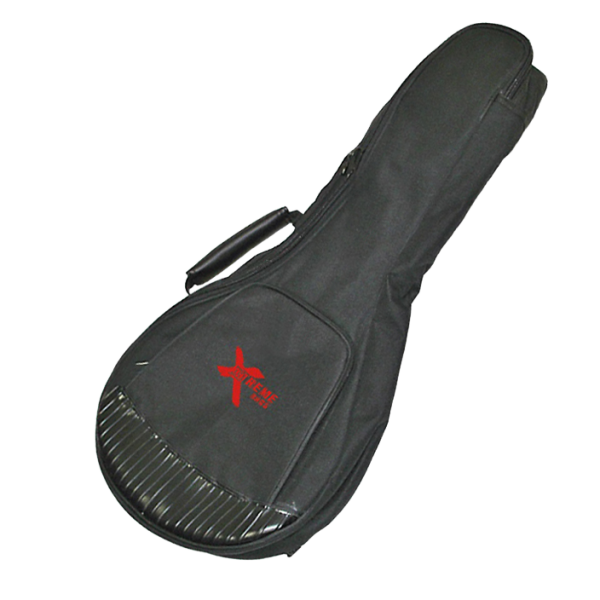 Teardrop-shaped black nylon mandolin bag with a carrying handle, a ribbed rubber bumper at the bottom, and a red Xtreme bags logo.