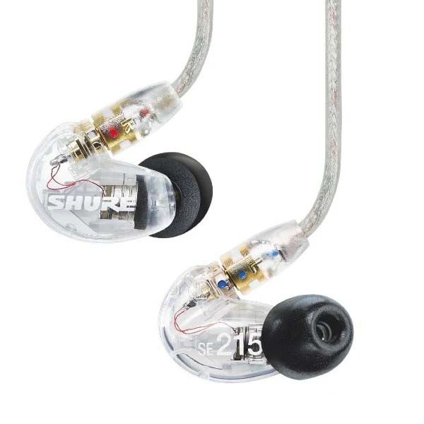Two transparent in-ear monitor earpieces with black foam tips, connected to a clear reinforced cable via gold-plated connectors. One earpiece features white Shure branding, and the other is printed with SE425.