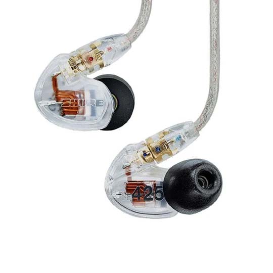 Two transparent in-ear monitor earpieces with black foam tips, connected to a clear reinforced cable via gold-plated connectors. One earpiece features white Shure branding, and the other is printed with SE425.