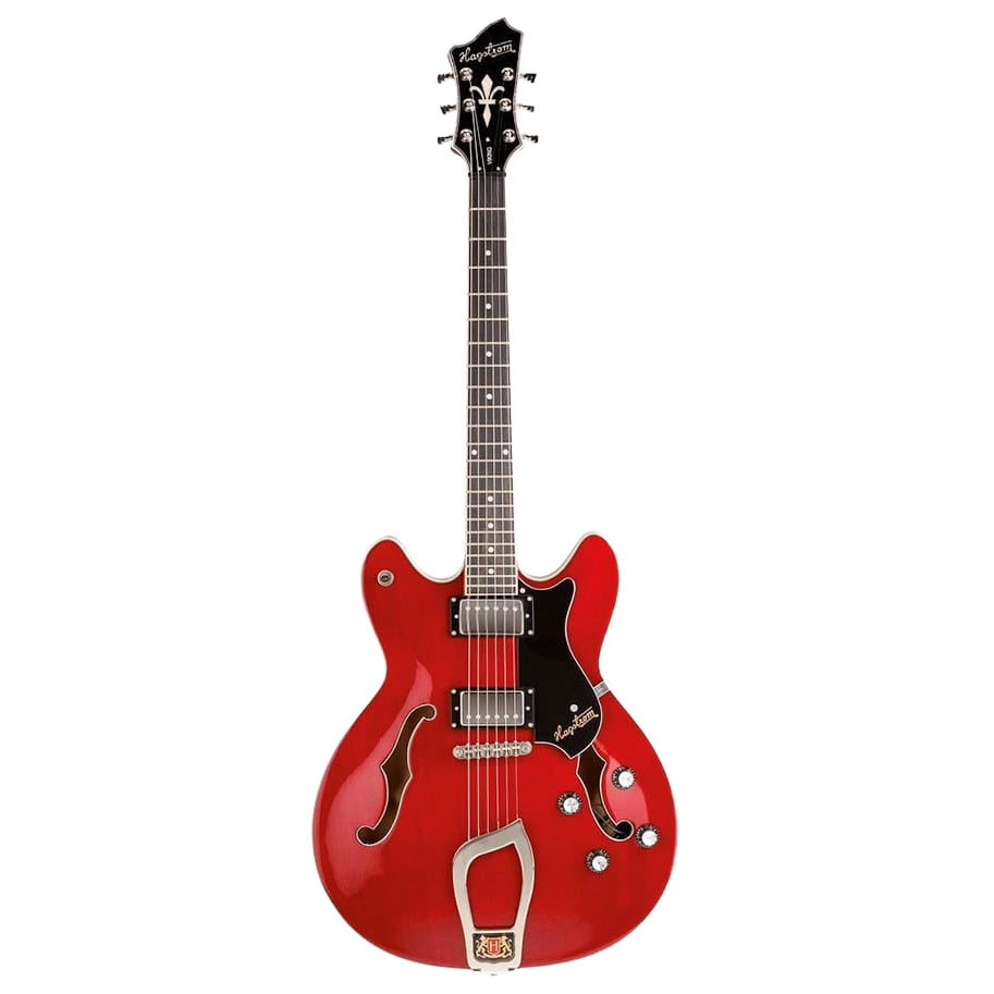 Hagstrom Viking semi-hollow electric guitar finished in Wild Cherry Transparent, featuring a double-cutaway design, f-holes, dual humbucking pickups, and chrome hardware.