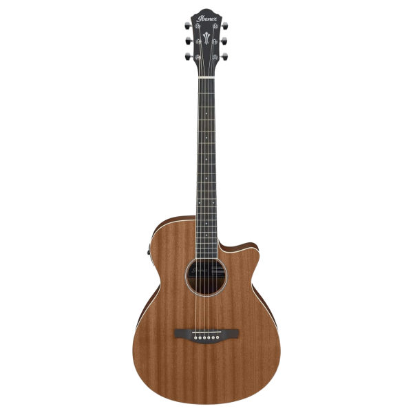A straight-on, full-body view of the Ibanez AEG7MH OPN acoustic guitar, featuring a natural open pore wood finish, a dark fretboard with dot inlays, and a single-cutaway body.