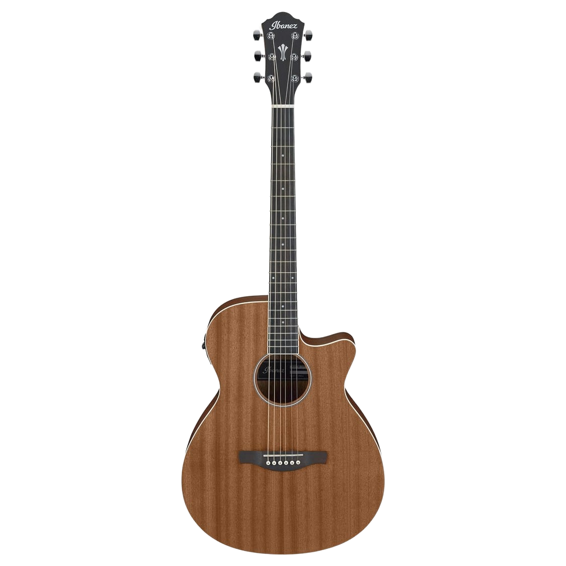 A straight-on, full-body view of the Ibanez AEG7MH OPN acoustic guitar, featuring a natural open pore wood finish, a dark fretboard with dot inlays, and a single-cutaway body.