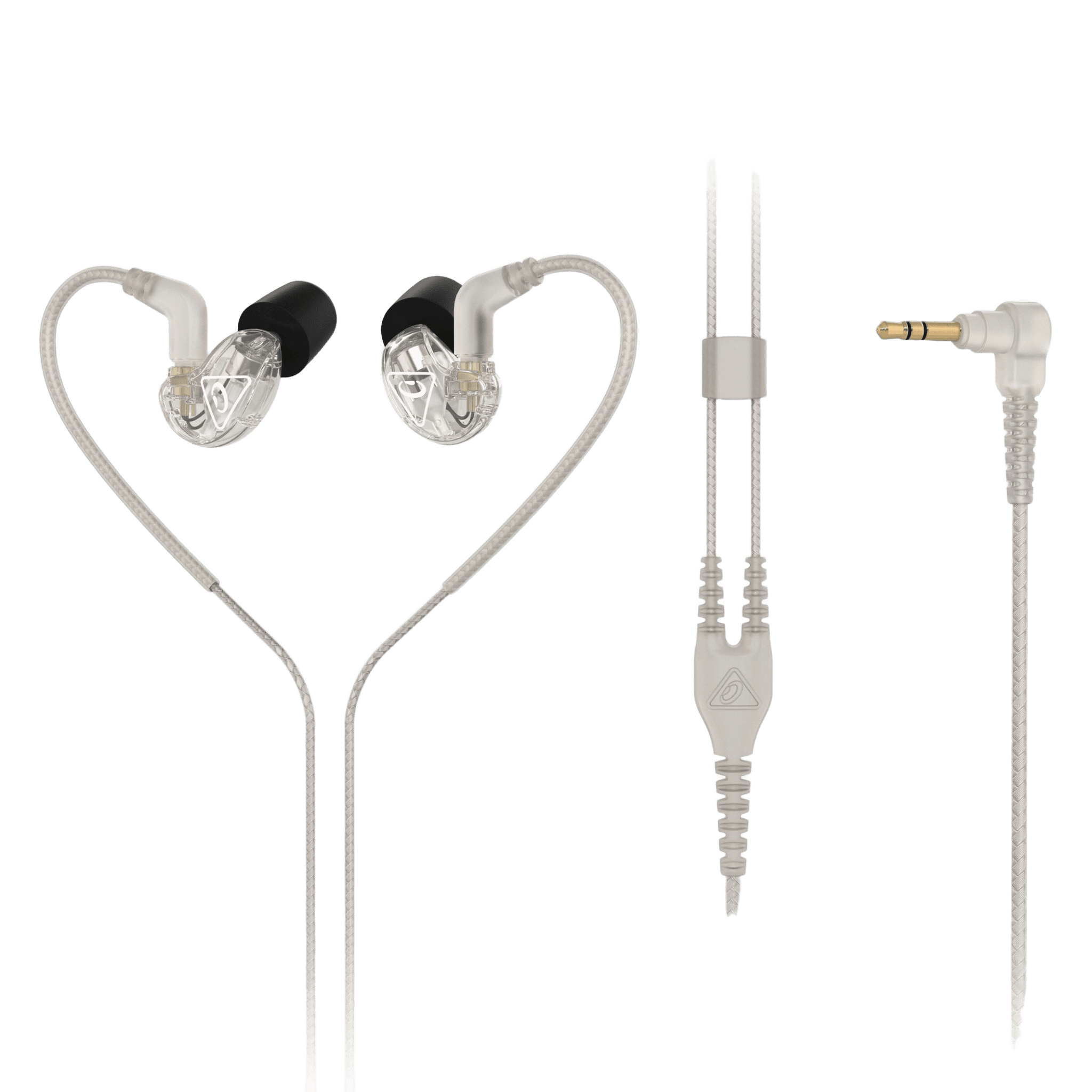 Behringer SD251-CL clear in-ear monitors showing transparent housings with black ear tips, over-ear wire loops, a cable splitter with a slider, and a right-angled gold-plated 3.5mm plug.