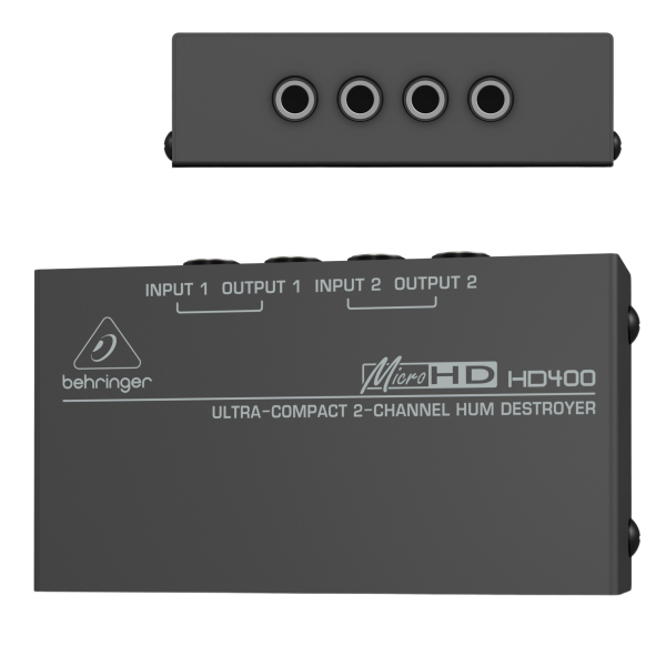 A dual-angle studio presentation showing both the front panel branding and the rear input/output connection jacks of the silver Behringer MicroHD HD400 chassis on a white background.