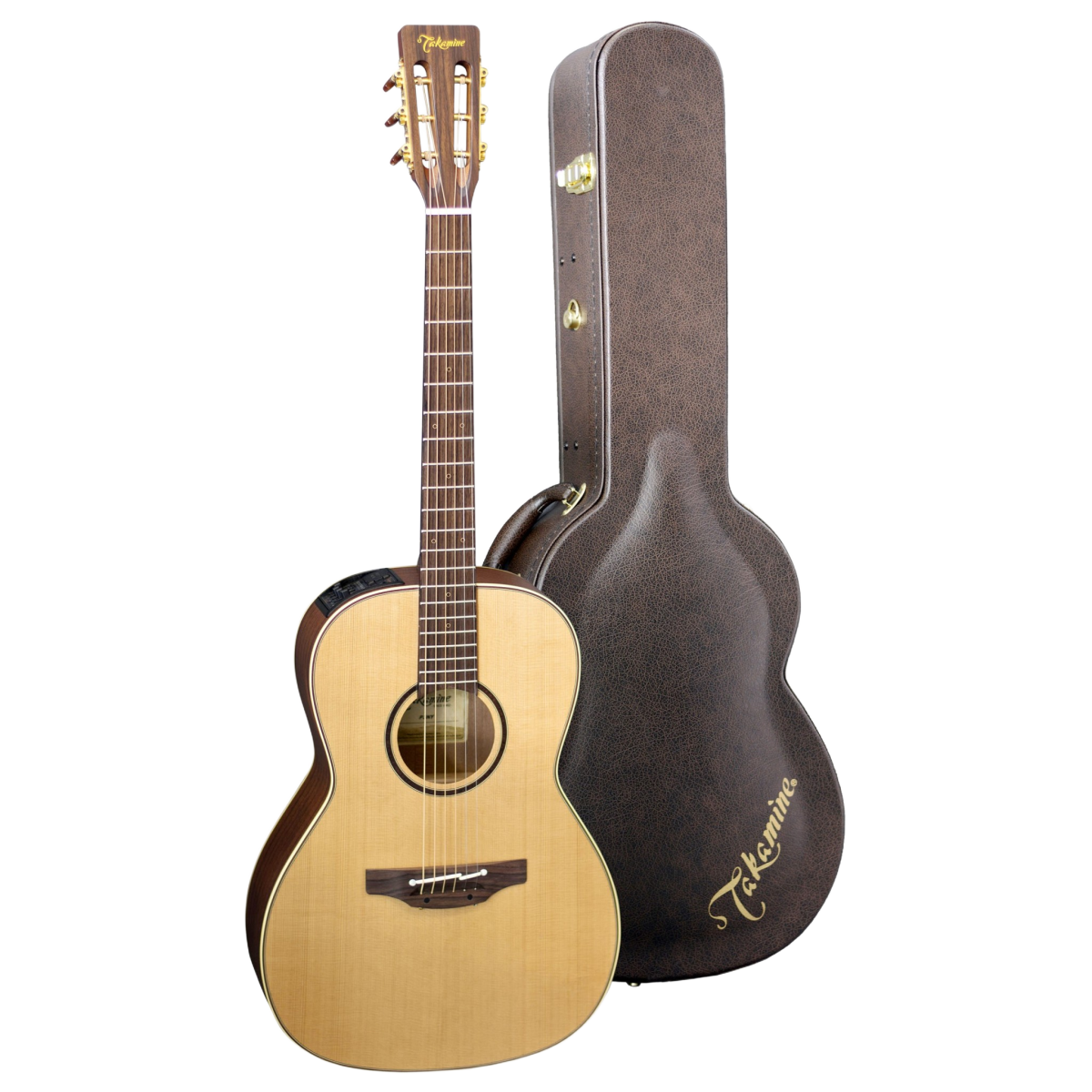 Front view of a small-bodied Takamine P3NY New Yorker Pro Series acoustic guitar, featuring a natural wood top, displayed next to a hard case.