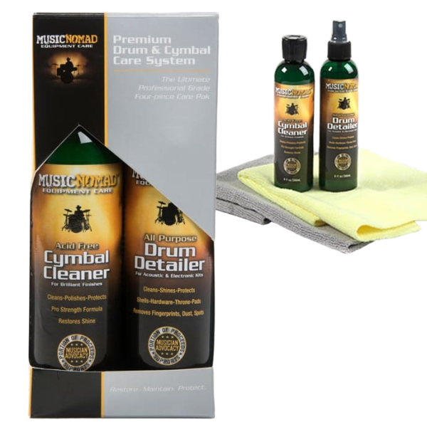 Music Nomad drum care retail box alongside a cymbal cleaner bottle, drum detailer bottle, and two folded, physical microfiber cloths resting outside the packaging.