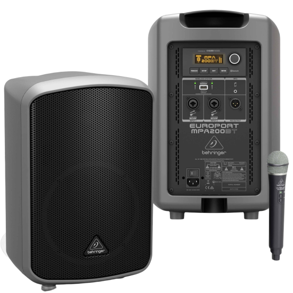 Front and rear panel views of the Behringer Europort MPA200BT portable PA speaker, shown alongside the included physical wireless handheld microphone.