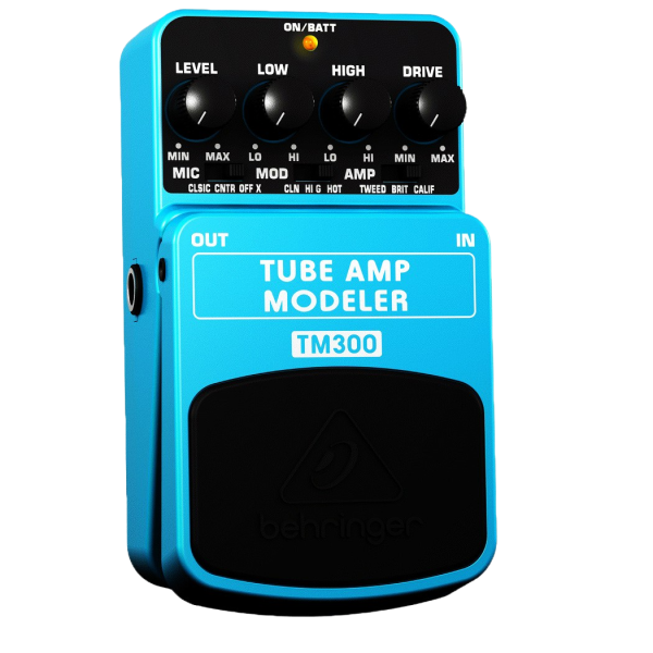 A black Behringer TM300 Tube Amp Modeler effects pedal featuring four control knobs, three selector switches, and a main footswitch.