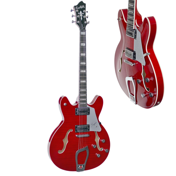 Hagstrom Hollow Body Super Viking electric guitar in red gloss finish, showing the front view alongside an inset close-up of the body and hardware.