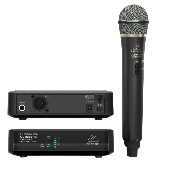 A black Behringer Ultralink ULM300MIC handheld wireless microphone pictured next to a small, square black desktop receiver unit.