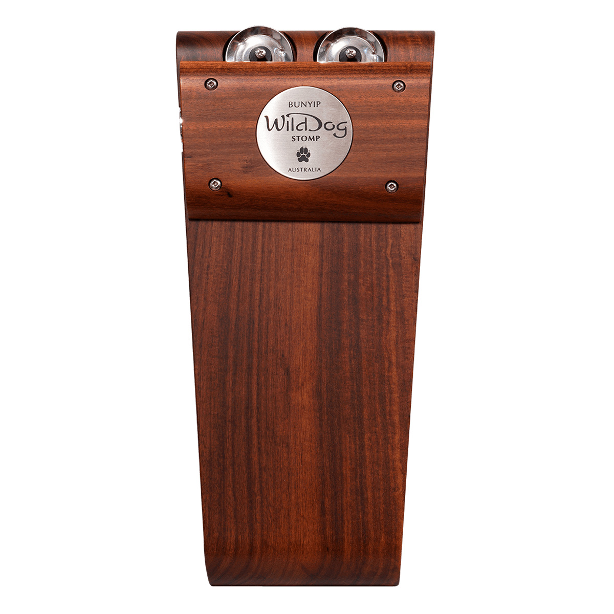 Wild Dog Bunyip stomp box crafted from dark, polished timber, featuring dual silver jingles and a stainless steel logo plate.