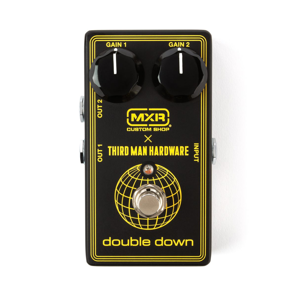 Top-down view of a black MXR Third Man Hardware Double Down pedal with two black gain knobs, yellow globe graphics, and dual output jacks on the side.