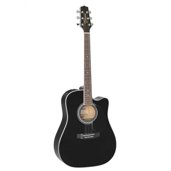 Full-length view of a Takamine EF341SC Legacy Series dreadnought acoustic-electric guitar featuring a deep black gloss finish and a cutaway.