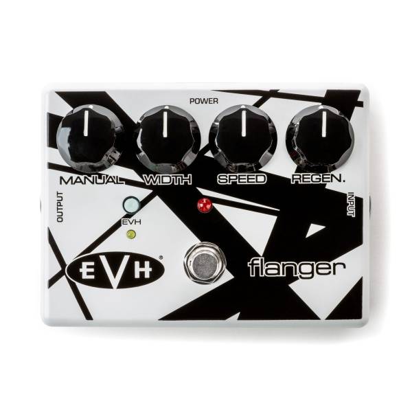 Top-down view of a white MXR flanger pedal with black EVH stripes, four black control knobs, an EVH preset switch, and a silver footswitch.