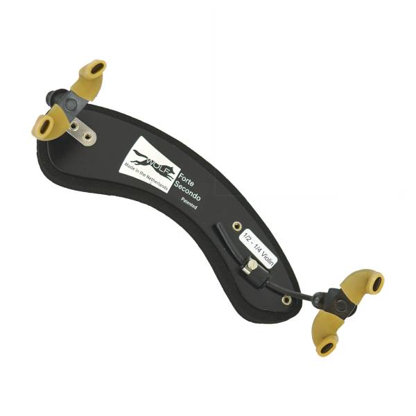 A black, crescent-shaped Wolf Forte Secondo shoulder rest with thick foam padding and yellow rubber-coated mounting feet, displaying a white label denoting 1/2-1/4 size.