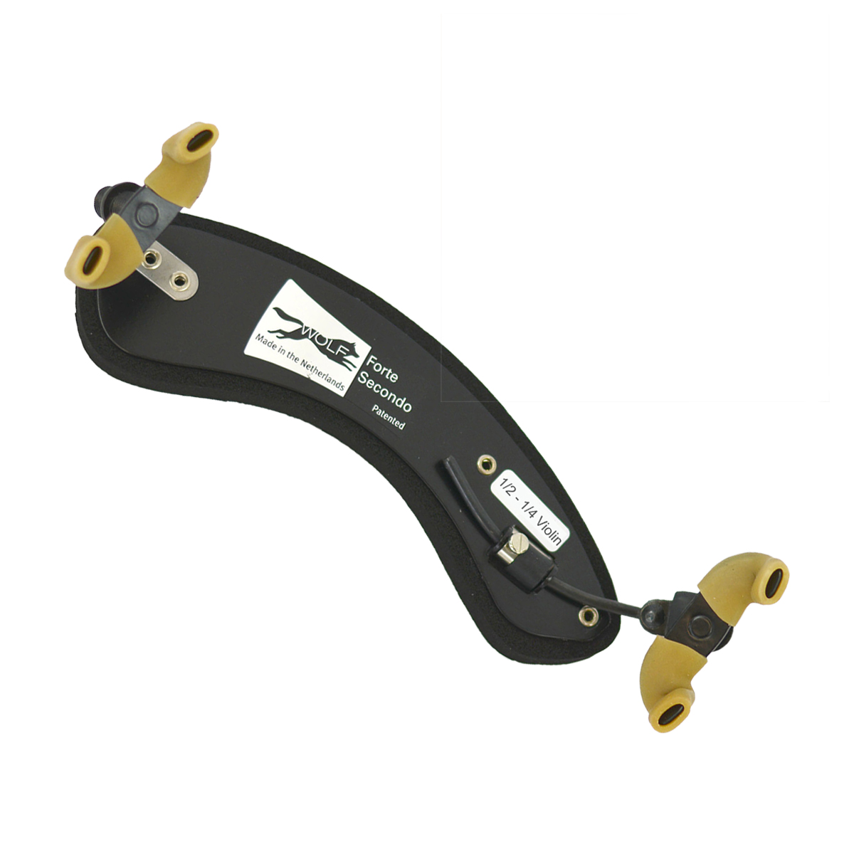 A black, crescent-shaped Wolf Forte Secondo shoulder rest with thick foam padding and yellow rubber-coated mounting feet, displaying a white label denoting 1/2-1/4 size.