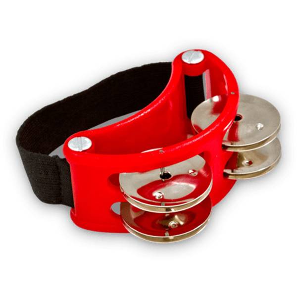 Red LP Percussion Foot Tambourine model LP188 featuring a black elastic foot strap and four pairs of nickel-plated metal jingles.