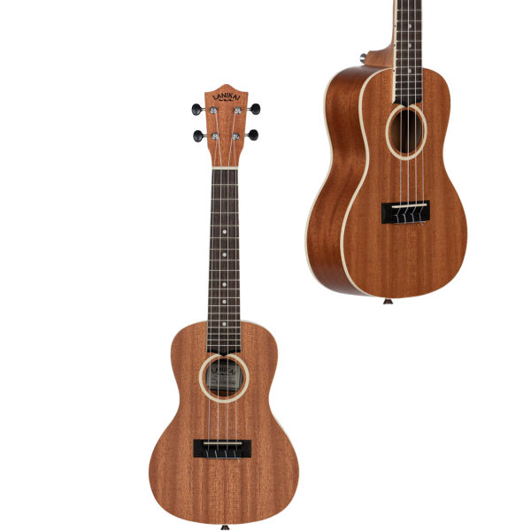 A straight-on view of a Lanikai Okoume concert ukulele alongside a secondary inset shot showing the angled back view of the instrument's natural wood grain.
