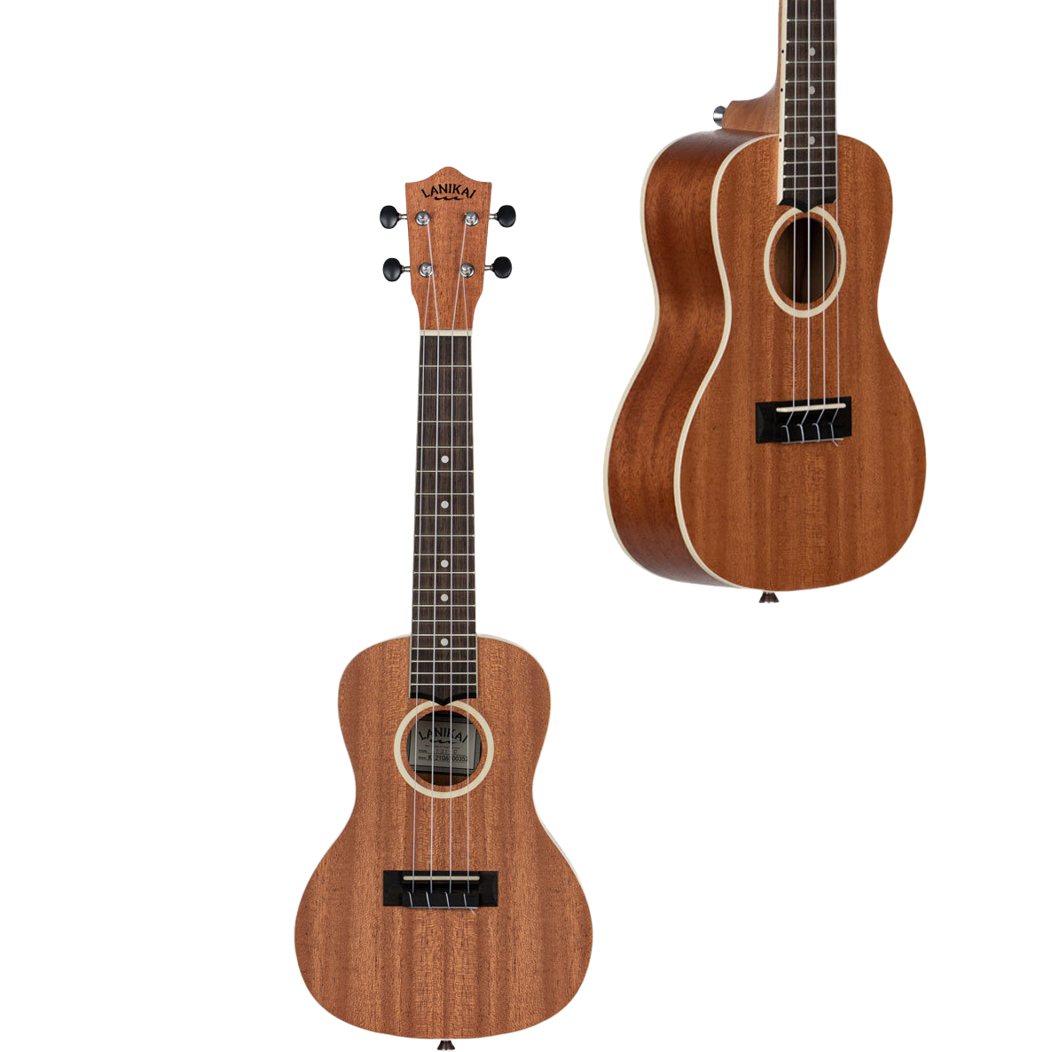A straight-on view of a Lanikai Okoume concert ukulele alongside a secondary inset shot showing the angled back view of the instrument's natural wood grain.