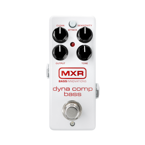 White MXR Dyna Comp Bass mini effects pedal with black knobs for Clean, Sensitivity, Output, and Tone, along with an Attack push button.