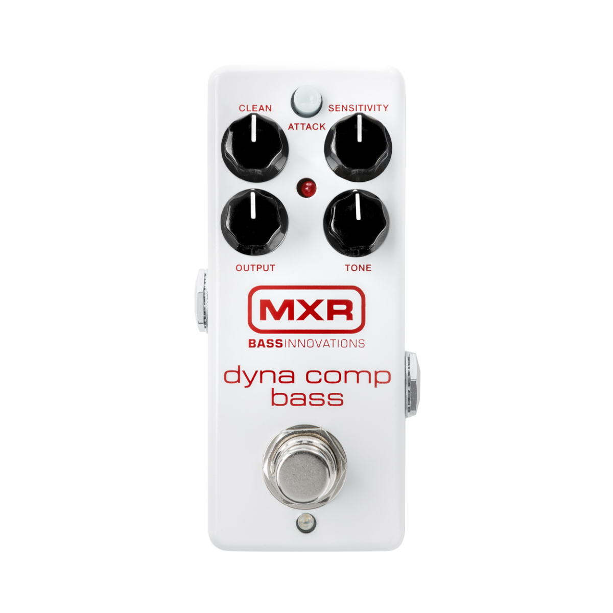 White MXR Dyna Comp Bass mini effects pedal with black knobs for Clean, Sensitivity, Output, and Tone, along with an Attack push button.