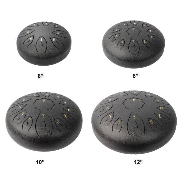 Four black Mano Percussion tongue drums arranged in a grid, featuring cut leaf-shaped tongues with gold numbers. Text below each drum indicates sizes 6 inch, 8 inch, 10 inch, and 12 inch.
