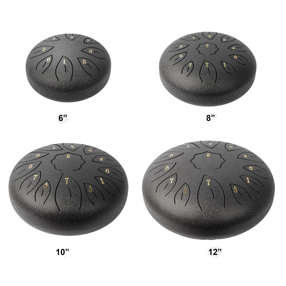 Four black Mano Percussion tongue drums arranged in a grid, featuring cut leaf-shaped tongues with gold numbers. Text below each drum indicates sizes 6 inch, 8 inch, 10 inch, and 12 inch.