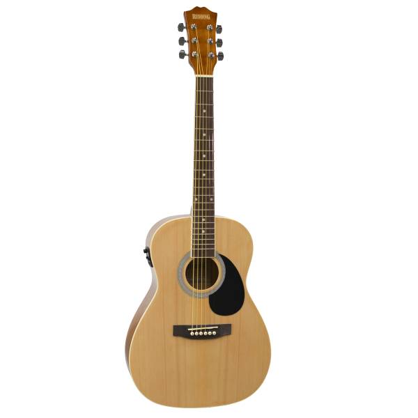 A natural finish Redding RED34E ¾ size dreadnought acoustic-electric guitar displaying its side-mounted 3-band EQ and tuner.