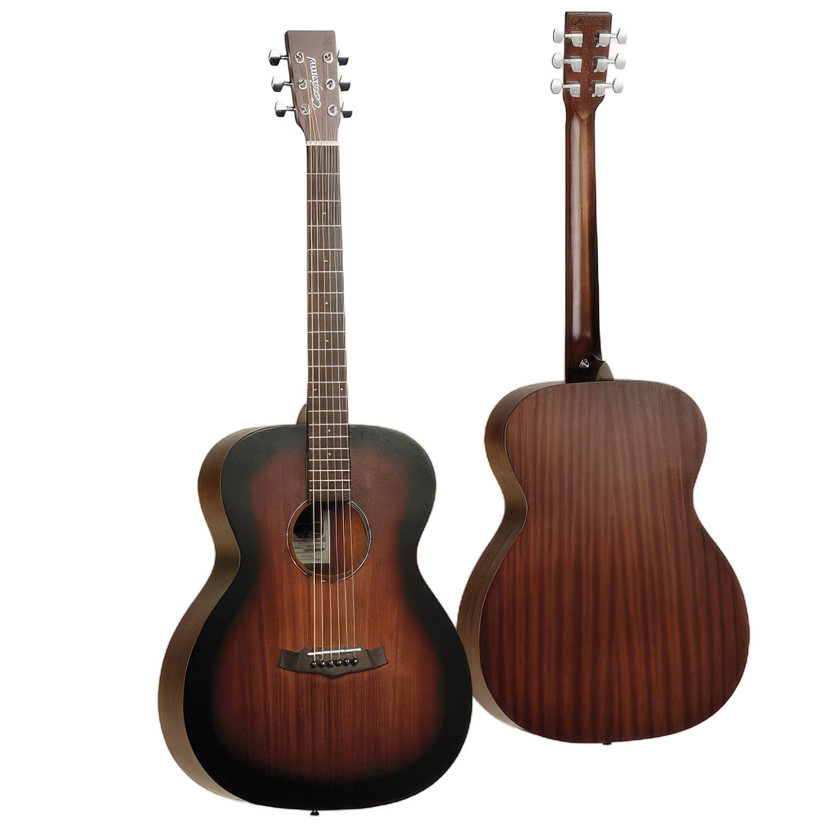 Front and back profile of a Tanglewood TC3 acoustic guitar featuring an Orchestra body shape, a dark Whiskey Barrel Burst satin finish on the mahogany top, back, and sides, a dark fretboard with white dot inlays, a standard bridge, and chrome tuning machines.