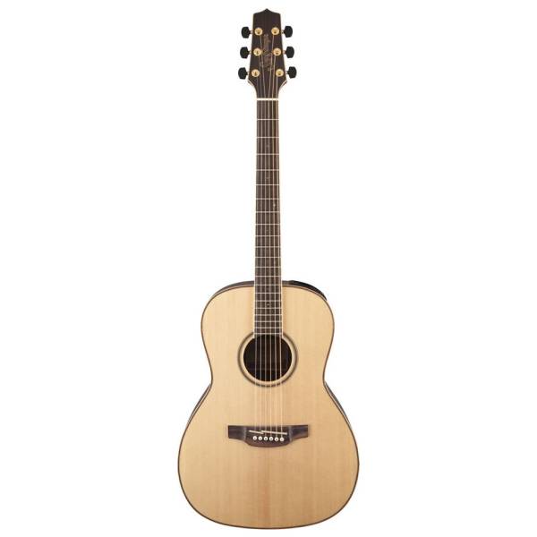 Front view of a left-handed Takamine GY93ENATLH New Yorker acoustic-electric guitar with a small parlor-style body and natural wood finish.