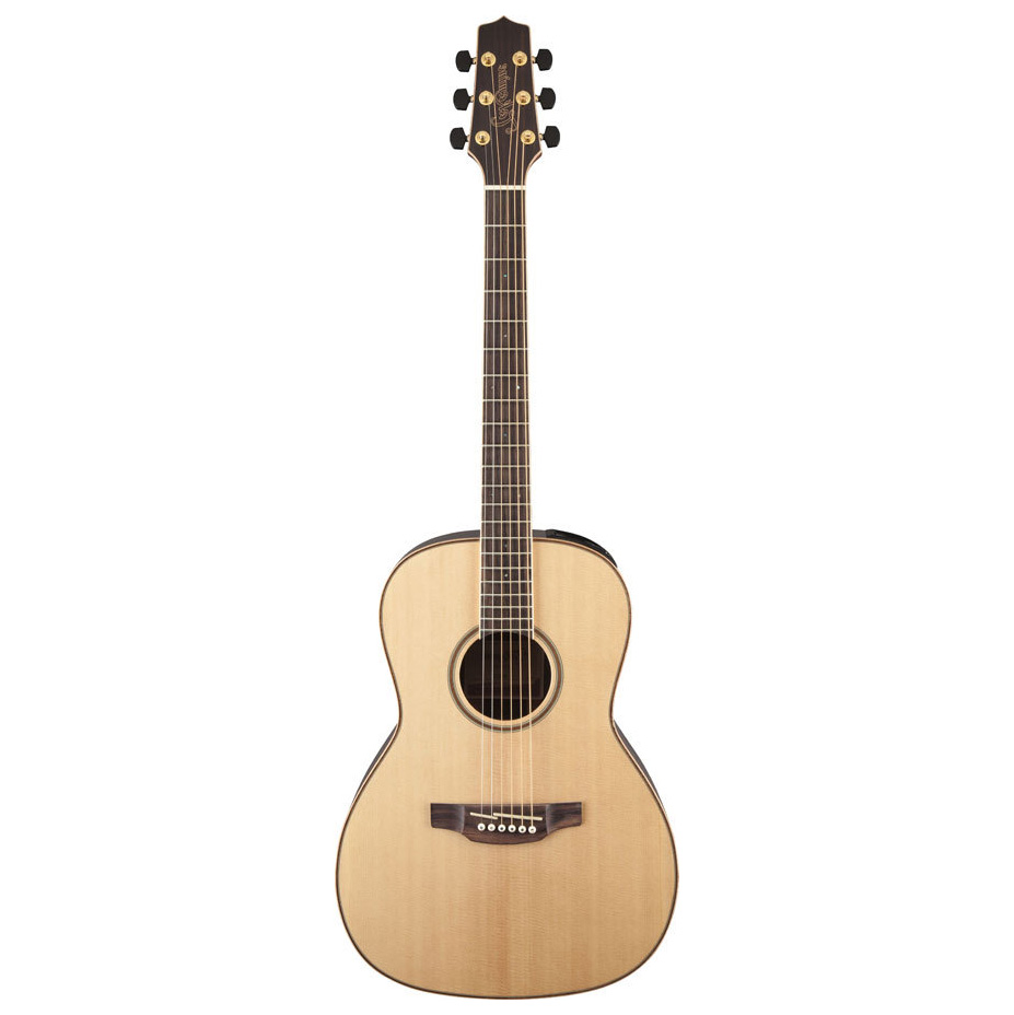 Front view of a left-handed Takamine GY93ENATLH New Yorker acoustic-electric guitar with a small parlor-style body and natural wood finish.