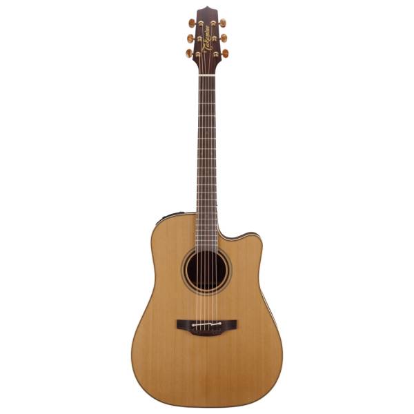 Front view of a Takamine P3DC Pro Series 3 dreadnought acoustic-electric guitar with a natural satin wood finish and lower bout cutaway.