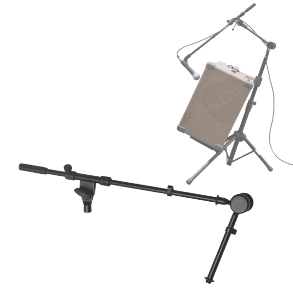 A black On-Stage MSA7500CB boom arm with an articulating joint and mounting clamp. A faded inset graphic illustrates the boom arm clamped to an amp stand, positioning a microphone in front of a tan amplifier.