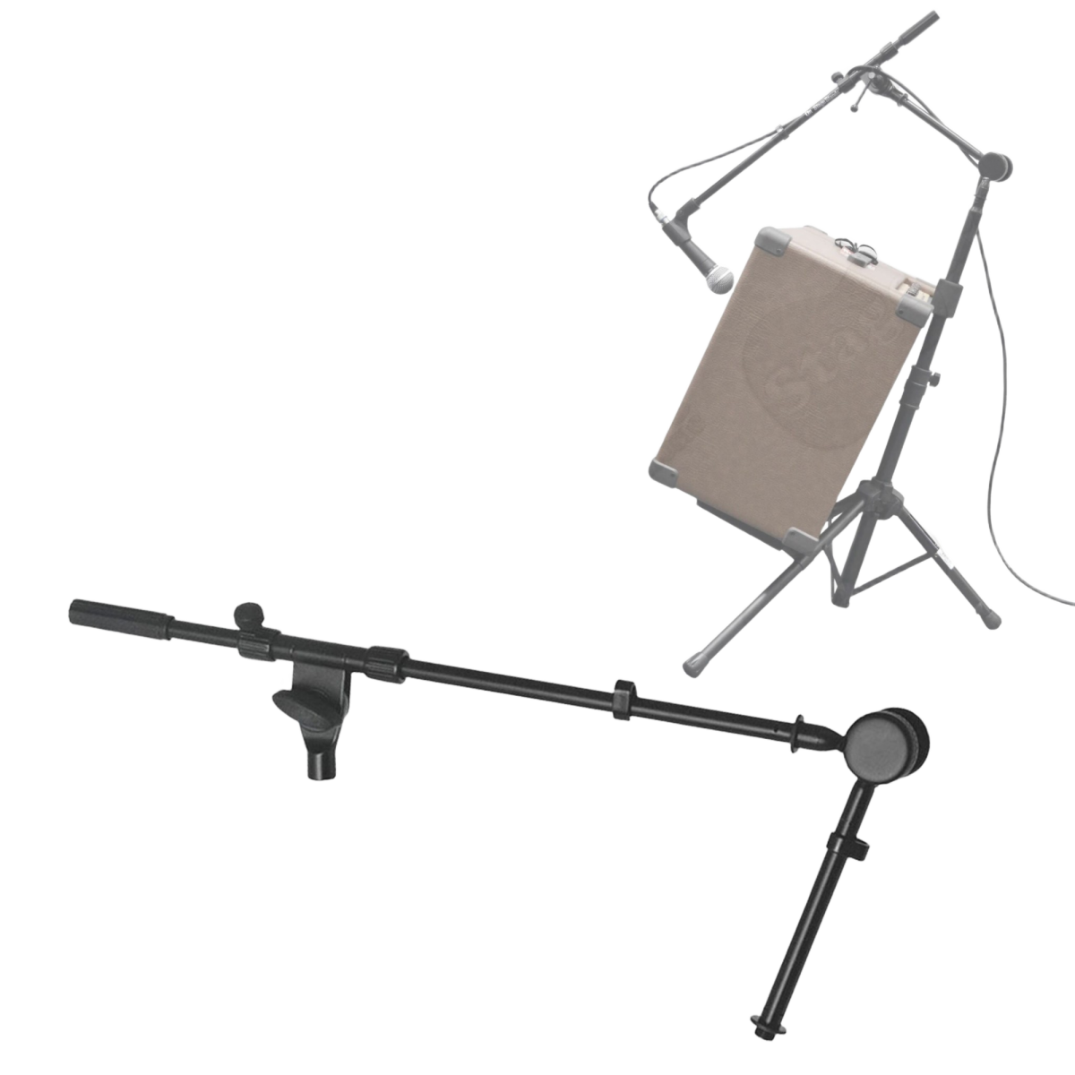 A black On-Stage MSA7500CB boom arm with an articulating joint and mounting clamp. A faded inset graphic illustrates the boom arm clamped to an amp stand, positioning a microphone in front of a tan amplifier.