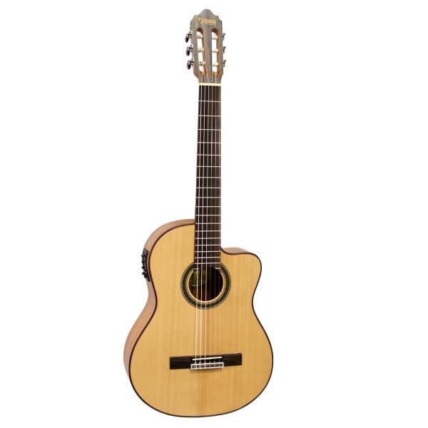 Valencia 700 Series VC704CE full-size electric classical guitar featuring a solid natural wood top, cutaway body design, and nylon strings on a white background.