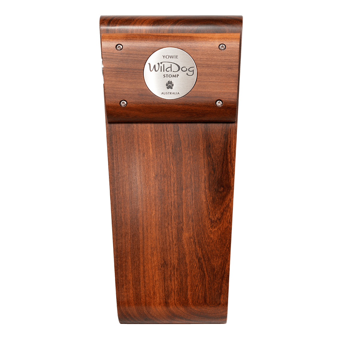 Wild Dog Yowie stomp box featuring a sleek, polished dark wood finish and a circular metal nameplate.