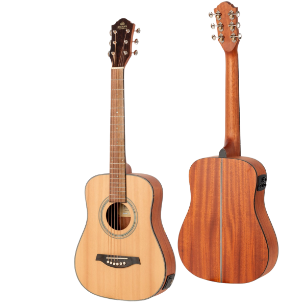 A Gilman GBY10E baby-sized acoustic-electric guitar with a natural finish top and dark wood back and sides. An inset image reveals the side-mounted preamp and EQ control panel.
