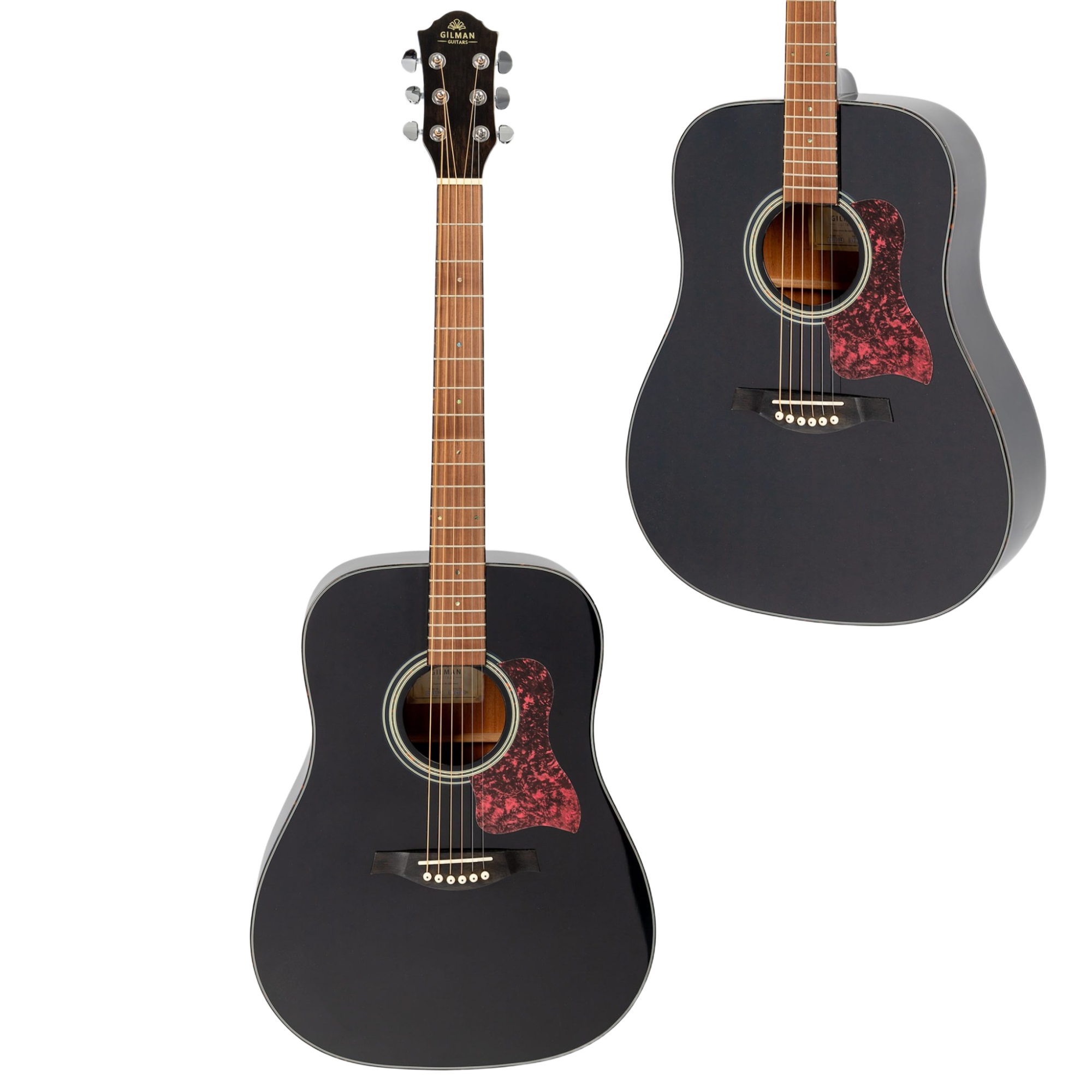 A full-length view of the Gilman GD10BK dreadnought acoustic guitar featuring a sleek, high-gloss black finish and a tortoiseshell pickguard.