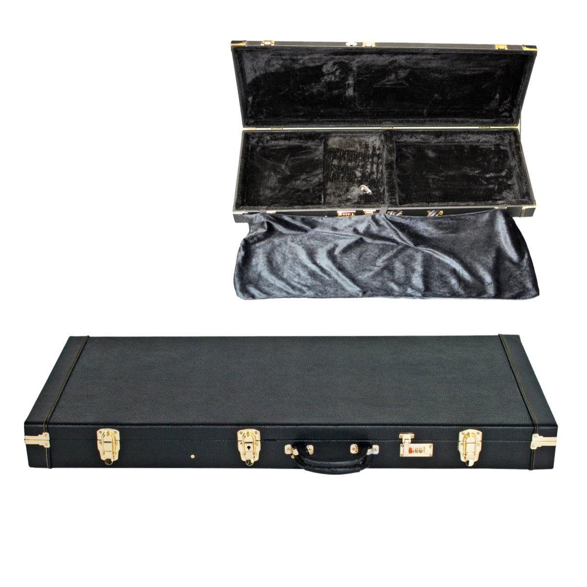 Composite image displaying a closed black rectangular guitar case and an inset view highlighting the open plush interior along with a draped soft black fabric cover.
