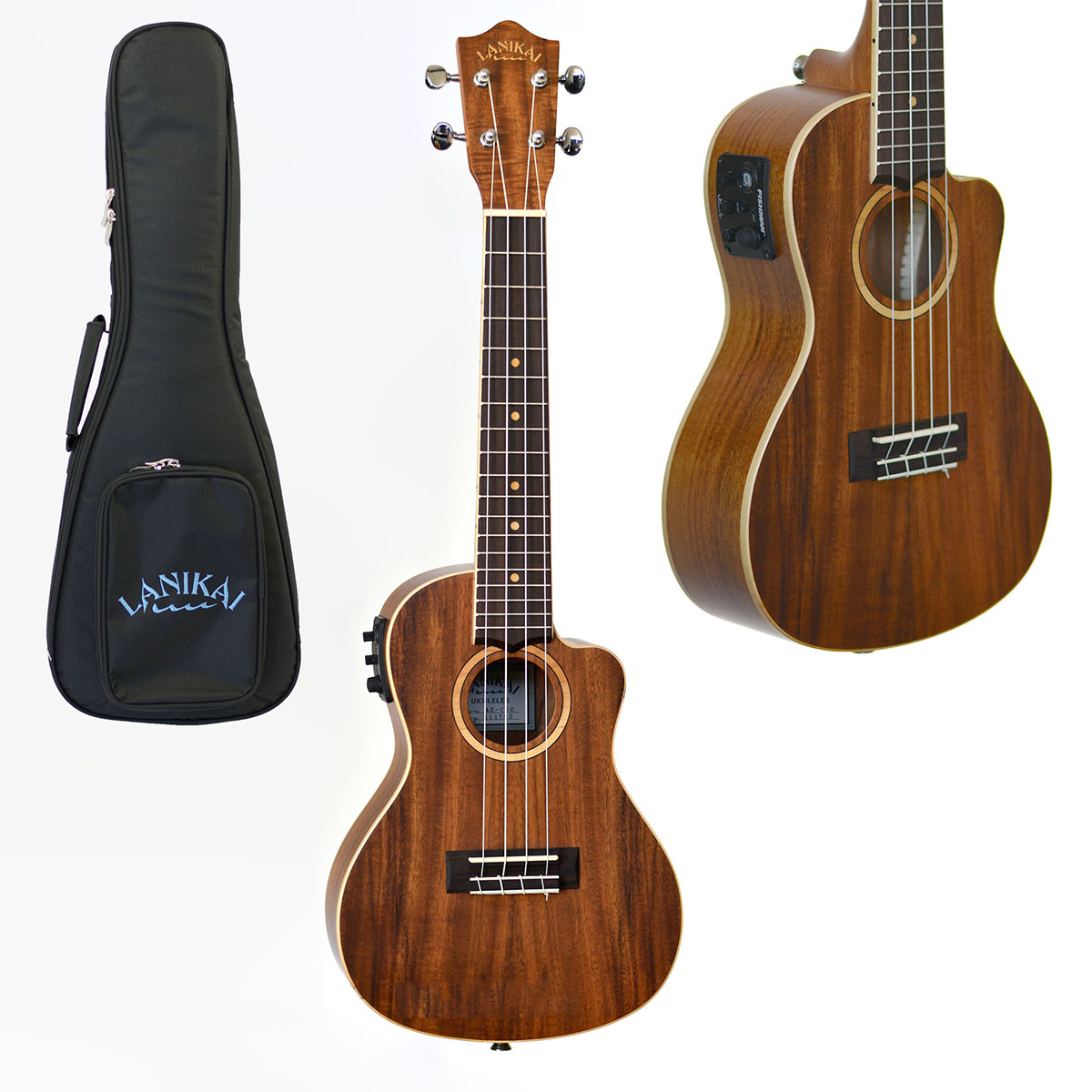 Lanikai LACCEC Concert Ukulele shown next to a black Lanikai gig bag, featuring an inset view of the side-mounted preamp.