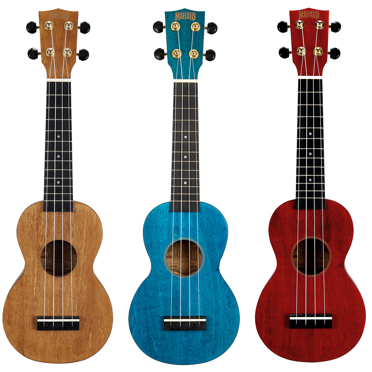 Three slimline soprano ukuleles standing side-by-side in natural brown, bright blue, and vibrant red wood finishes.
