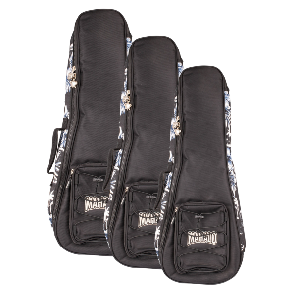 Three black gig bags in sequential sizes, featuring a blue and white Hawaiian floral motif along the side panels and front pocket.