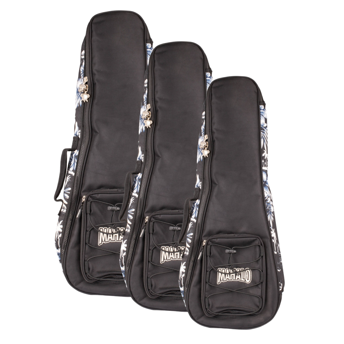 Three black gig bags in sequential sizes, featuring a blue and white Hawaiian floral motif along the side panels and front pocket.
