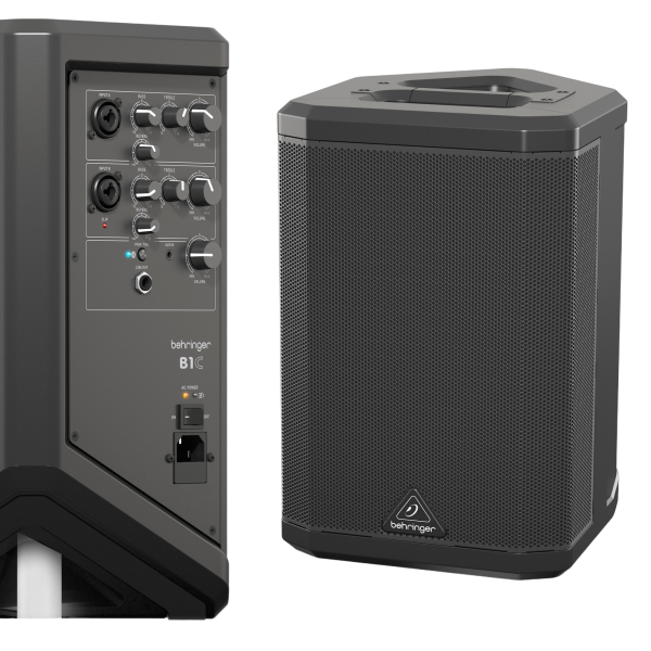 A front-angled view of the Behringer B1C portable PA speaker, positioned next to an inset image showing a close-up of its side-mounted mixer panel.