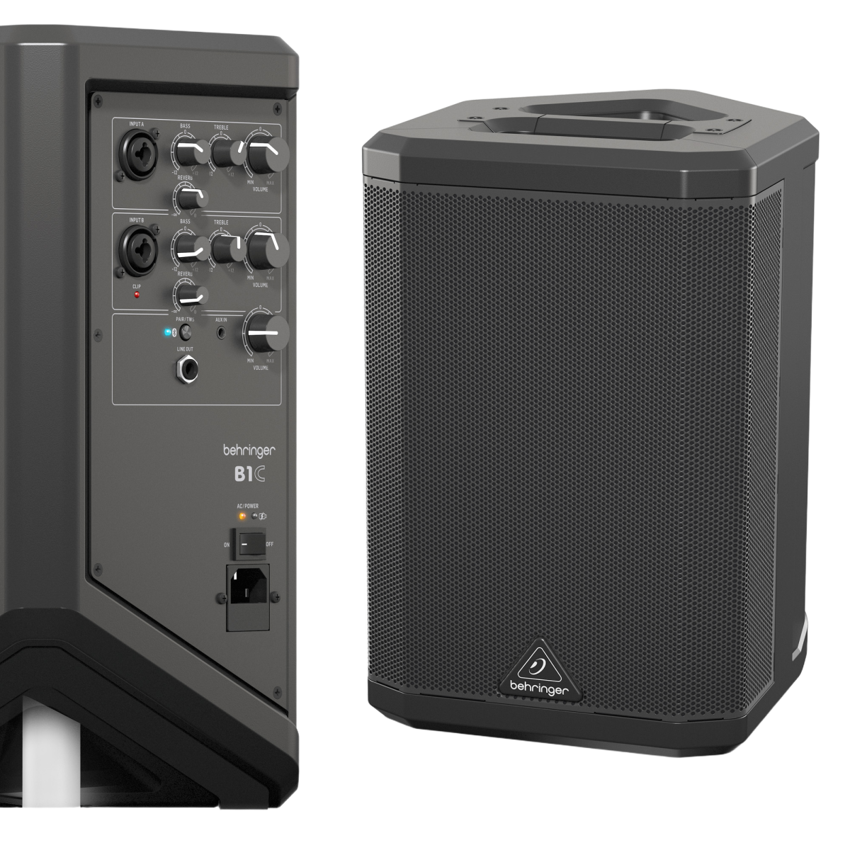 A front-angled view of the Behringer B1C portable PA speaker, positioned next to an inset image showing a close-up of its side-mounted mixer panel.