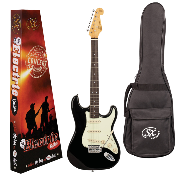 Black SX VES62 double-cutaway electric guitar with three single-coil pickups and a tremolo bridge and mint green scratchplate plus display box and gig bag