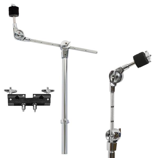 A chrome cymbal boom arm with a knurled rod, adjustable tilter, and black cymbal felts. The image includes a black multi-clamp with silver wingnuts and an inset highlighting a close-up of the adjustable tilter mechanism and felt mount.