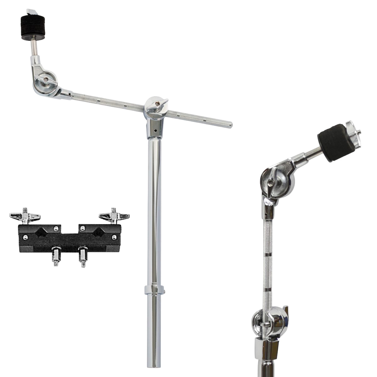 A chrome cymbal boom arm with a knurled rod, adjustable tilter, and black cymbal felts. The image includes a black multi-clamp with silver wingnuts and an inset highlighting a close-up of the adjustable tilter mechanism and felt mount.